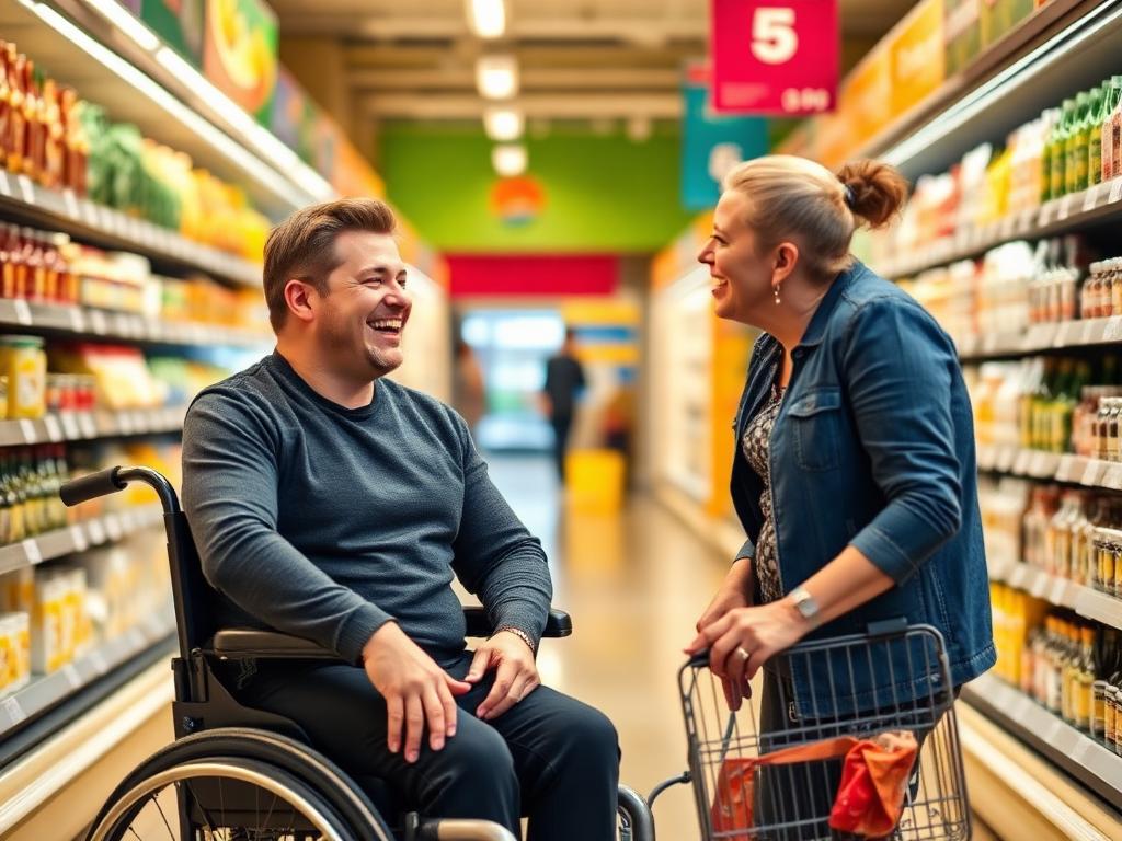 Assistenzkraft und Mann im Rollstuhl lachen zusammen im Supermarkt