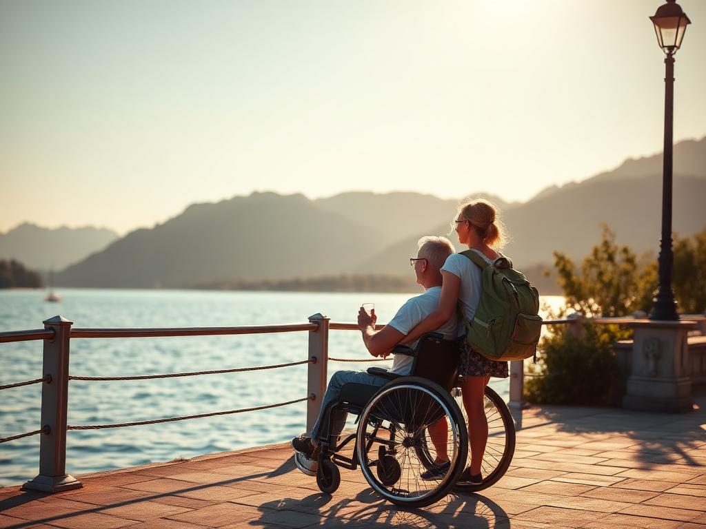 Zwei Reisende an einer Seepromenade im Abendlicht