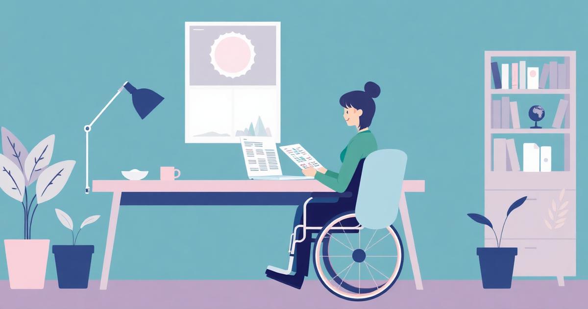 Illustration: Eine Person im Rollstuhl plant am Schreibtisch mit Unterlagen die Organisation ihrer persönlichen Assistenz