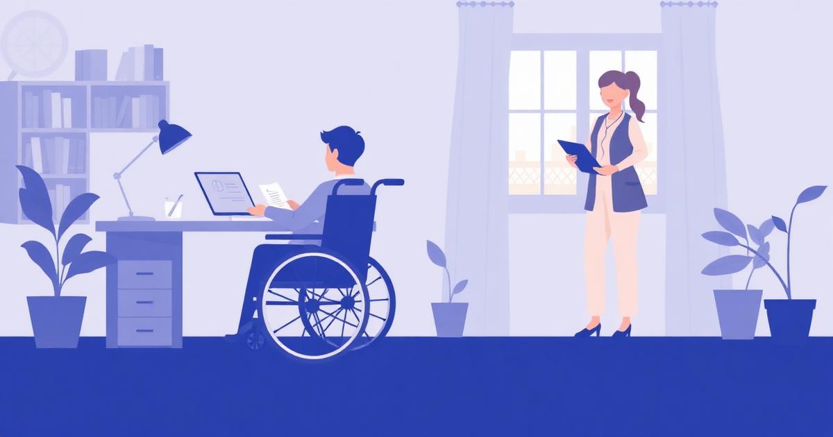 Illustration: Eine Person im Rollstuhl am Schreibtisch mit Laptop und Unterlagen, im Hintergrund eine professionelle Assistenzkraft mit Tablet