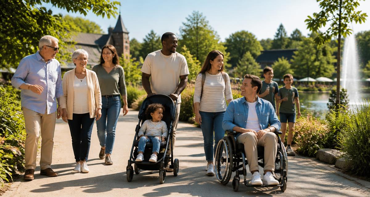 Eine vielfältige Gruppe aus Senioren, Familien mit Kinderwagen und einem Rollstuhlfahrer genießt gemeinsam einen sonnigen Tag in einem Park