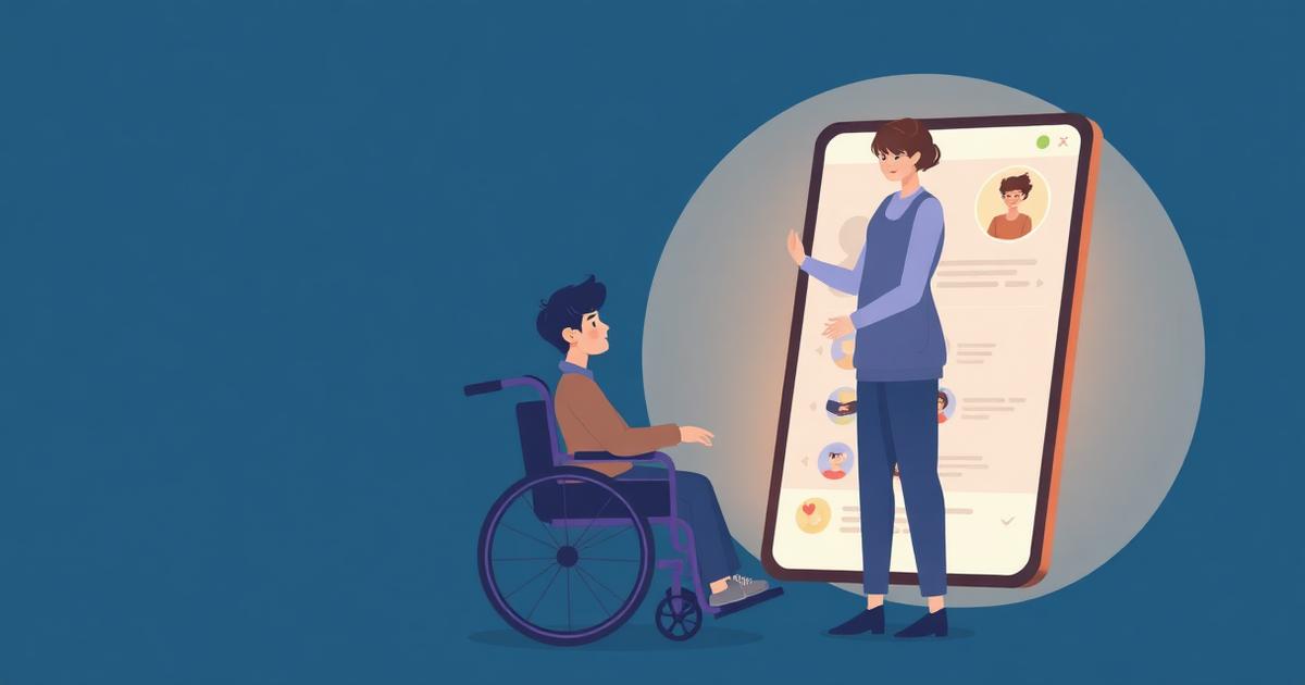 Illustration: Eine Person im Rollstuhl und eine Assistenzkraft erstellen gemeinsam ein Profil auf einem großen Tablet