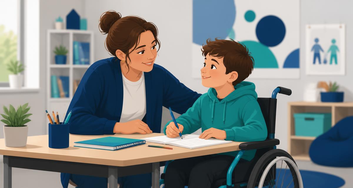 Illustration: Eine Schulbegleiterin unterstützt einen Schüler im Rollstuhl freundlich beim Lernen in einem hellen Klassenzimmer