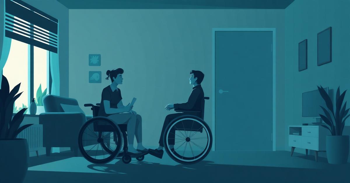 Illustration: Eine Assistenzkraft und ein Rollstuhlfahrer im Gespräch in einer barrierefreien Wohnung