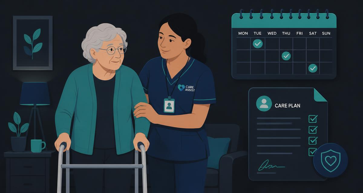 Illustration: Eine ältere Frau mit Rollator wird zu Hause von einer Pflegekraft unterstützt