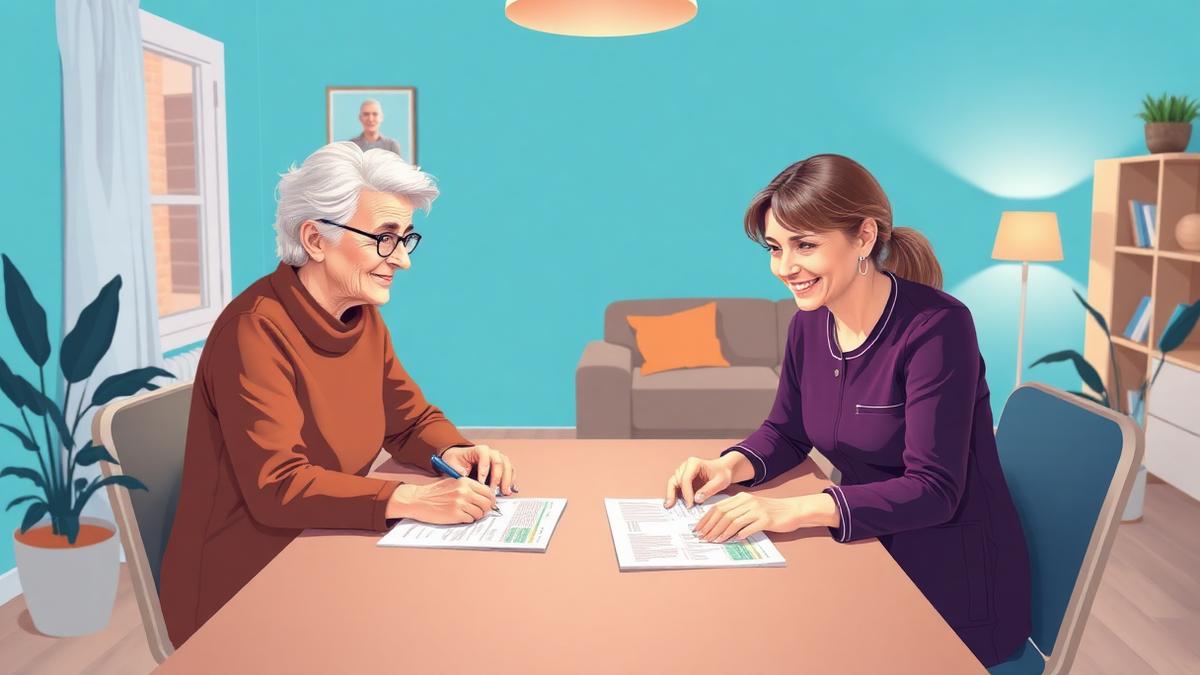 Illustration: Eine ältere Frau und eine Pflegekraft füllen gemeinsam den Antrag auf einen Pflegegrad aus