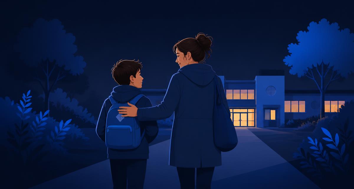 Illustration: Eine Schulbegleiterin begleitet einen Schüler mit Rucksack auf dem Weg zur Schule
