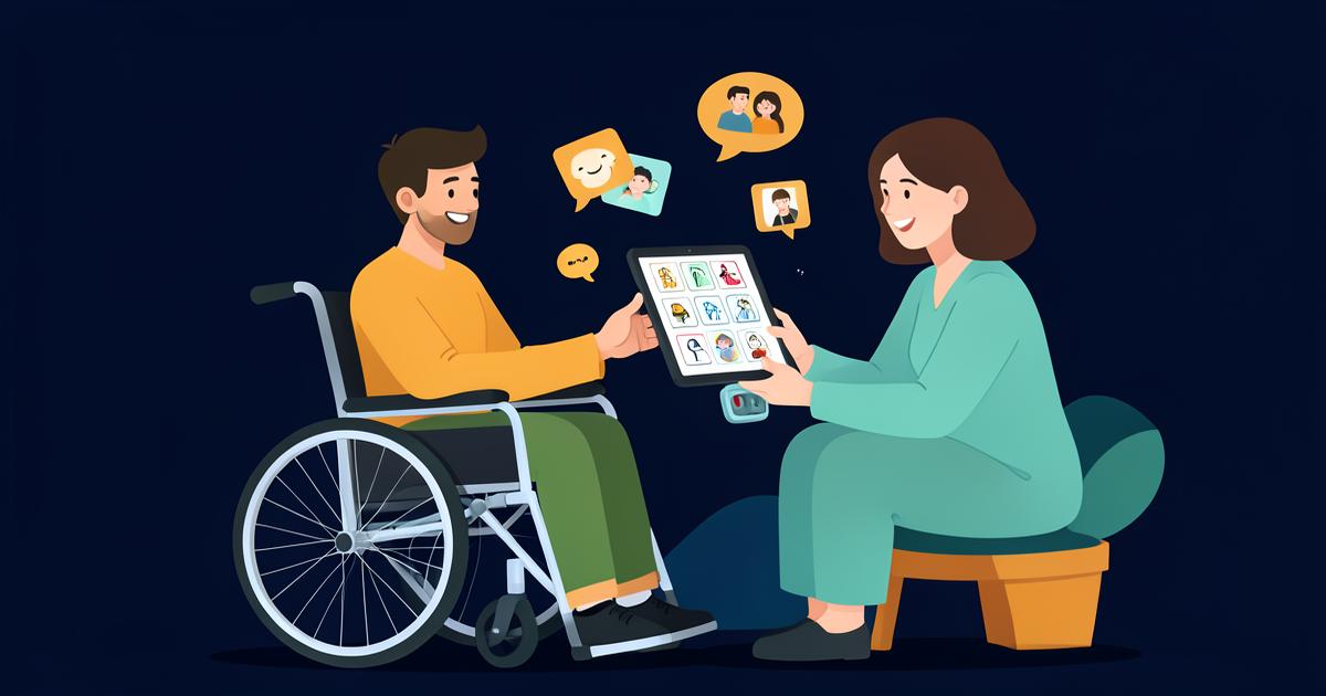 Illustration: Eine Person im Rollstuhl und eine Assistenzkraft kommunizieren über ein Tablet mit Symbolkarten und Sprachausgabe